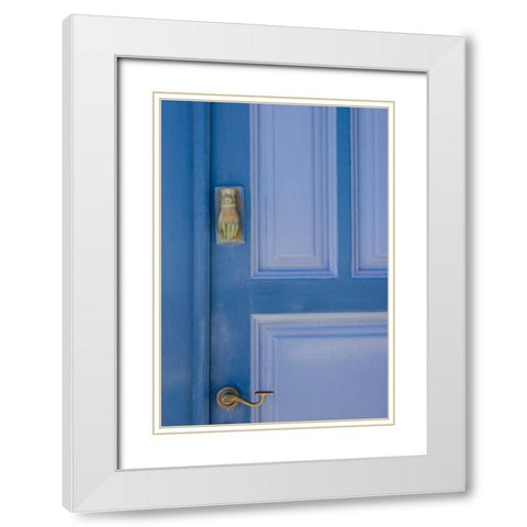 Greece, Santorini Blue door with knocker White Modern Wood Framed Art Print with Double Matting by Young, Bill