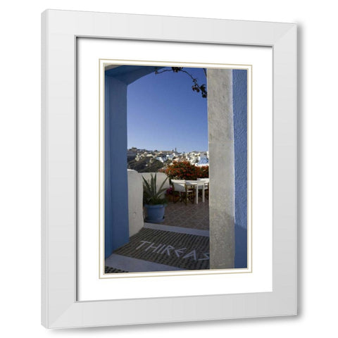 Greece, Santorini Doorway to balcony tables White Modern Wood Framed Art Print with Double Matting by Young, Bill