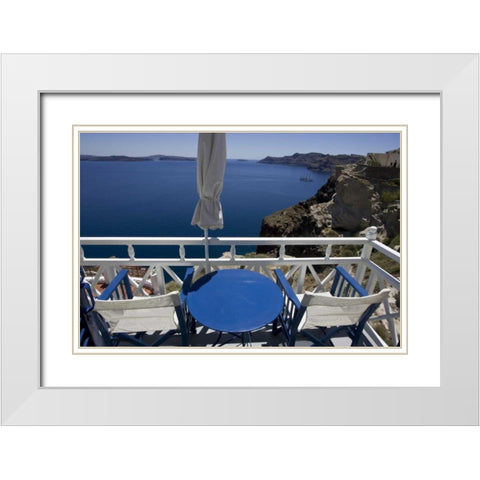 Greece, Santorini Balcony overlooking Aegean Sea White Modern Wood Framed Art Print with Double Matting by Young, Bill
