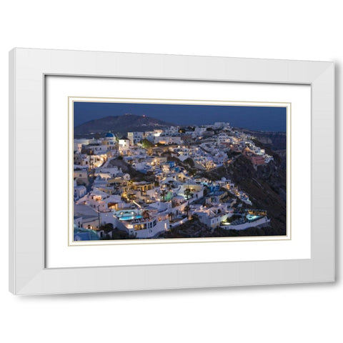 Greece, Firostefani Cliffside villas with lights White Modern Wood Framed Art Print with Double Matting by Young, Bill