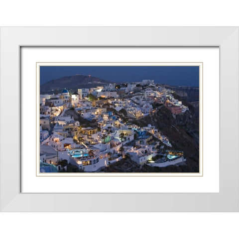 Greece, Firostefani Cliffside villas with lights White Modern Wood Framed Art Print with Double Matting by Young, Bill