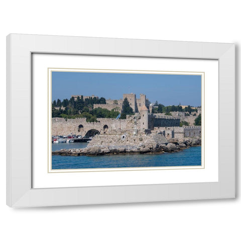 Greece-Rhodes Aegean Sea harbor view of the walled medieval Old Town UNESCO White Modern Wood Framed Art Print with Double Matting by Hopkins, Cindy Miller