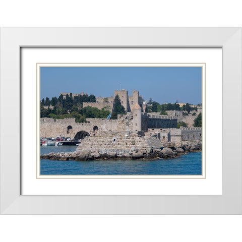 Greece-Rhodes Aegean Sea harbor view of the walled medieval Old Town UNESCO White Modern Wood Framed Art Print with Double Matting by Hopkins, Cindy Miller