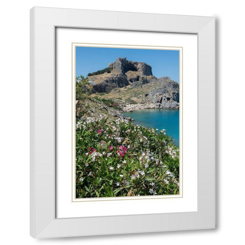 St Pauls Bay with the Acropolis of Lindos in the distance with the Temple of Athena Lindia White Modern Wood Framed Art Print with Double Matting by Hopkins, Cindy Miller