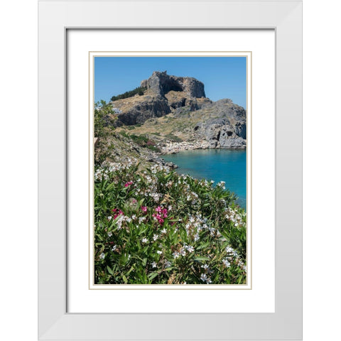 St Pauls Bay with the Acropolis of Lindos in the distance with the Temple of Athena Lindia White Modern Wood Framed Art Print with Double Matting by Hopkins, Cindy Miller