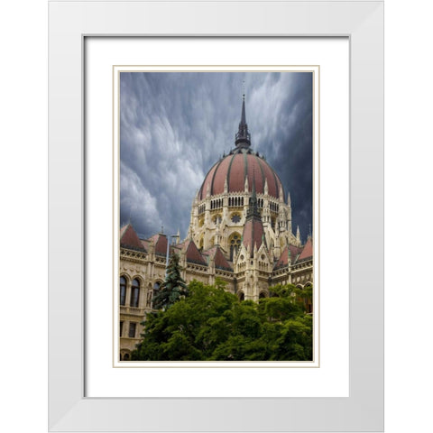 Hungary, Budapest Parliament Building White Modern Wood Framed Art Print with Double Matting by Zuckerman, Jim