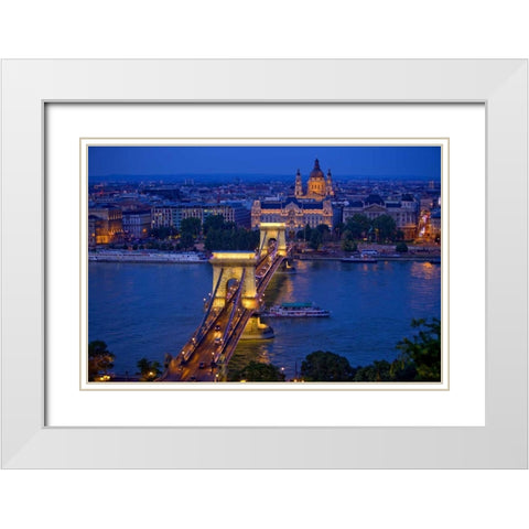 Hungary, Budapest Chain Bridge lit at night White Modern Wood Framed Art Print with Double Matting by Zuckerman, Jim