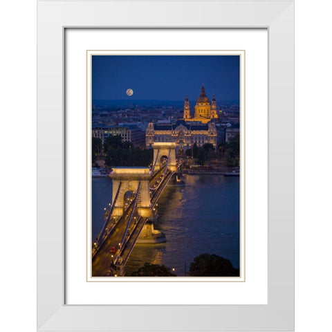 Hungary, Budapest Chain Bridge lit at night White Modern Wood Framed Art Print with Double Matting by Zuckerman, Jim