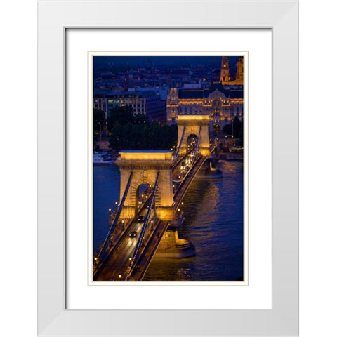 Hungary, Budapest Chain Bridge lit at night White Modern Wood Framed Art Print with Double Matting by Zuckerman, Jim