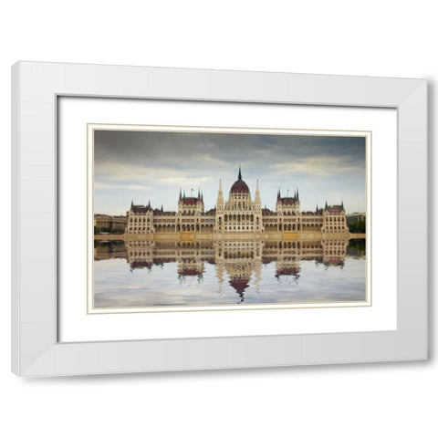 Hungary, Budapest Parliament Building White Modern Wood Framed Art Print with Double Matting by Zuckerman, Jim