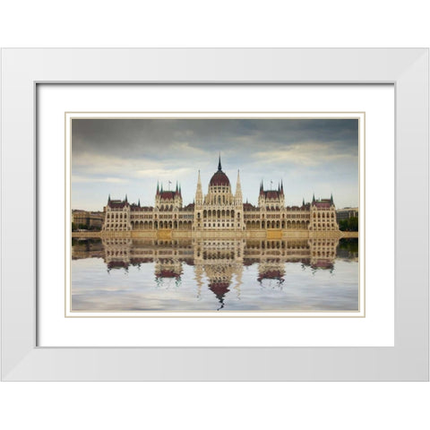 Hungary, Budapest Parliament Building White Modern Wood Framed Art Print with Double Matting by Zuckerman, Jim