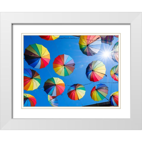 Alley of the Old Town with umbrellas. The town Szentendre near Budapest- Hungary White Modern Wood Framed Art Print with Double Matting by Zwick, Martin