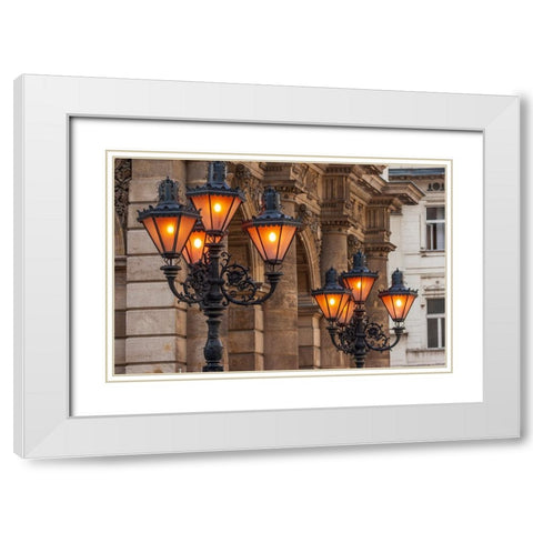 Hungary-Budapest-Streetlights White Modern Wood Framed Art Print with Double Matting by Haseltine, Tom