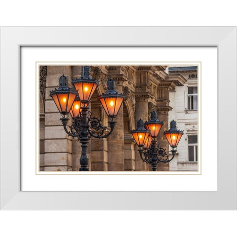 Hungary-Budapest-Streetlights White Modern Wood Framed Art Print with Double Matting by Haseltine, Tom