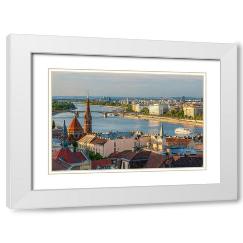 Tour boat passes Hungarys Parliament-built between 1884-1902 is the countrys largest building-It ha White Modern Wood Framed Art Print with Double Matting by Haseltine, Tom