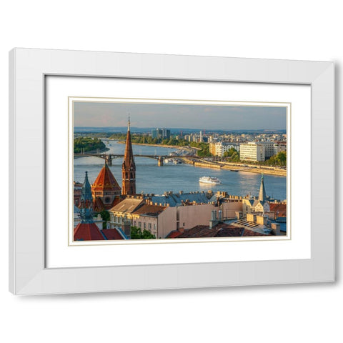 View from Castle Hill of the Margaret Bridge crossing the Danube River-Buda side-Central Budapest-C White Modern Wood Framed Art Print with Double Matting by Haseltine, Tom