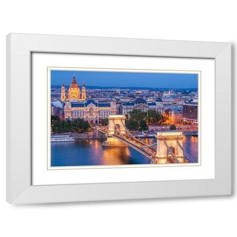 Hungary-Budapest-Szechenyi Chain Bridge across the Danube River-illuminated at night-built between  White Modern Wood Framed Art Print with Double Matting by Haseltine, Tom
