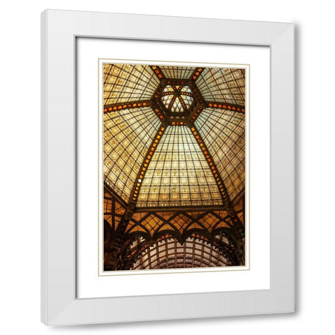 Stained glass ceiling inside Ferenciek Tere-Square of the Franciscans-an important public transport White Modern Wood Framed Art Print with Double Matting by Haseltine, Tom