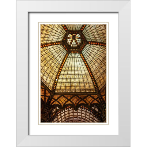 Stained glass ceiling inside Ferenciek Tere-Square of the Franciscans-an important public transport White Modern Wood Framed Art Print with Double Matting by Haseltine, Tom