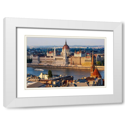 Tour boat passes Hungarys Parliament-built between 1884-1902 is the countrys largest building-It ha White Modern Wood Framed Art Print with Double Matting by Haseltine, Tom