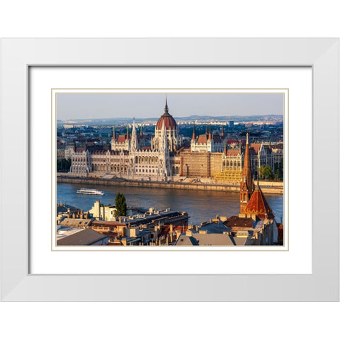 Tour boat passes Hungarys Parliament-built between 1884-1902 is the countrys largest building-It ha White Modern Wood Framed Art Print with Double Matting by Haseltine, Tom