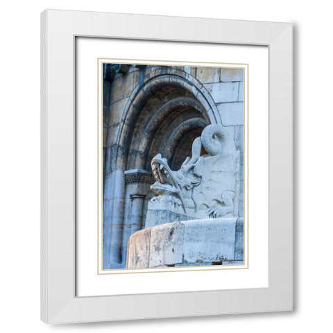 Hungary-Budapest-Dragon statue at Fishermans Bastion building White Modern Wood Framed Art Print with Double Matting by Haseltine, Tom