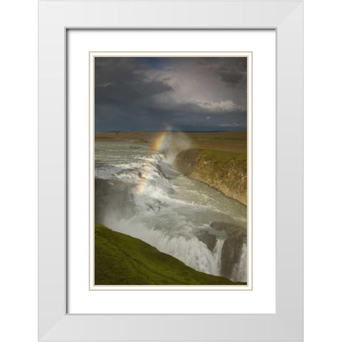 Iceland A rainbow arcs over Gullfoss falls White Modern Wood Framed Art Print with Double Matting by Grall, Don