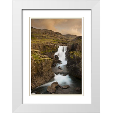 Iceland Waterfall in Berufjordur Fjord White Modern Wood Framed Art Print with Double Matting by Grall, Don