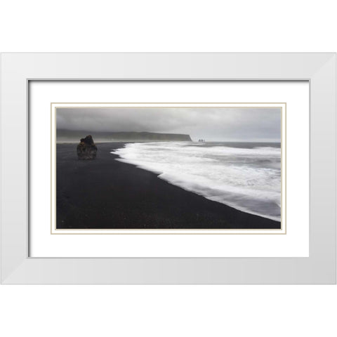 Iceland, Vik black sand beach on rainy day White Modern Wood Framed Art Print with Double Matting by Young, Bill