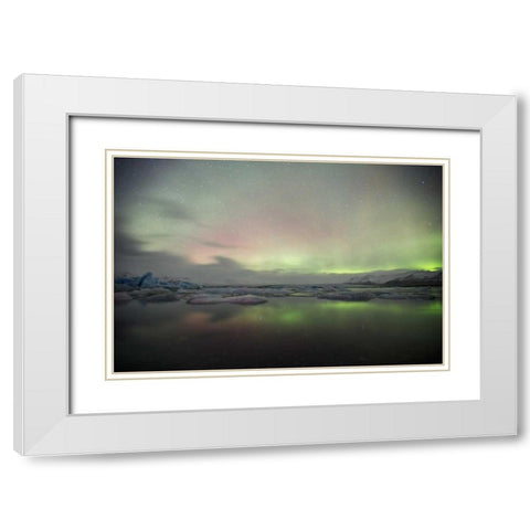 Iceland, Jokulsarlon Aurora lights over a lagoon White Modern Wood Framed Art Print with Double Matting by Anon, Josh
