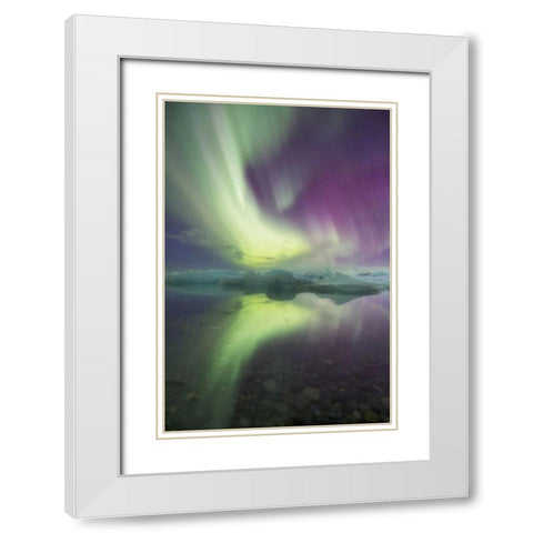 Iceland, Jokulsarlon Aurora lights over a lagoon White Modern Wood Framed Art Print with Double Matting by Anon, Josh