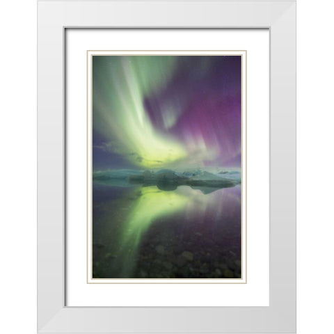 Iceland, Jokulsarlon Aurora lights over a lagoon White Modern Wood Framed Art Print with Double Matting by Anon, Josh