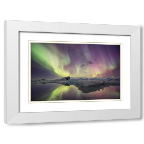 Iceland, Jokulsarlon Aurora lights over a lagoon White Modern Wood Framed Art Print with Double Matting by Anon, Josh