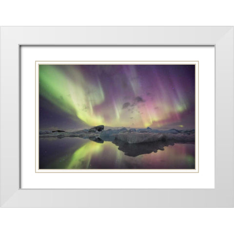 Iceland, Jokulsarlon Aurora lights over a lagoon White Modern Wood Framed Art Print with Double Matting by Anon, Josh