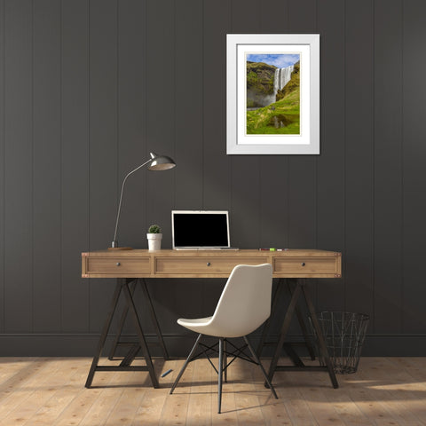 Iceland, Skogafoss Waterfall reflects in pool White Modern Wood Framed Art Print with Double Matting by Illg, Cathy and Gordon