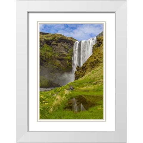 Iceland, Skogafoss Waterfall reflects in pool White Modern Wood Framed Art Print with Double Matting by Illg, Cathy and Gordon
