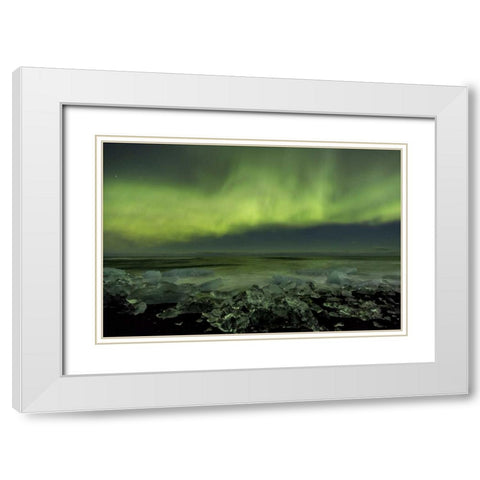 Iceland, Jokulsarlon Aurora borealis and ocean White Modern Wood Framed Art Print with Double Matting by Young, Bill