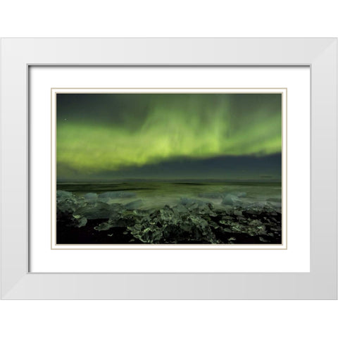 Iceland, Jokulsarlon Aurora borealis and ocean White Modern Wood Framed Art Print with Double Matting by Young, Bill
