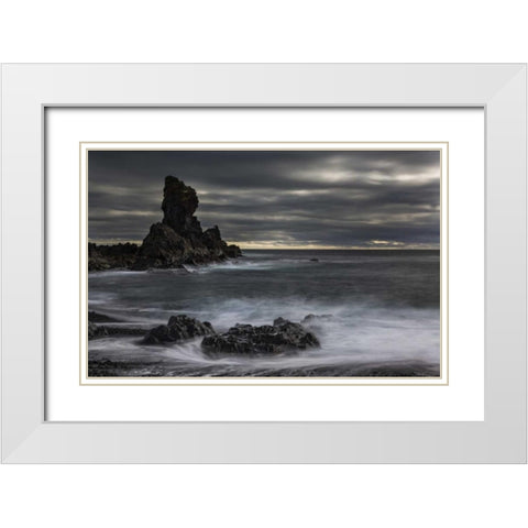Iceland, Dritvik Stormy shoreline scenic White Modern Wood Framed Art Print with Double Matting by Young, Bill