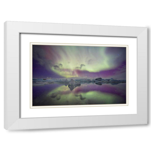 Iceland, Jokulsarlon Aurora lights over a lagoon White Modern Wood Framed Art Print with Double Matting by Anon, Josh