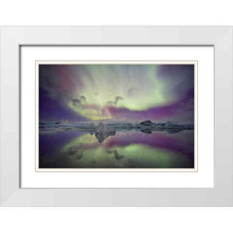 Iceland, Jokulsarlon Aurora lights over a lagoon White Modern Wood Framed Art Print with Double Matting by Anon, Josh