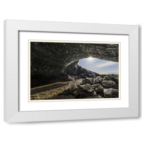 Iceland Sunburst at ice cave entrance White Modern Wood Framed Art Print with Double Matting by Young, Bill