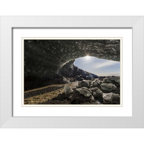 Iceland Sunburst at ice cave entrance White Modern Wood Framed Art Print with Double Matting by Young, Bill