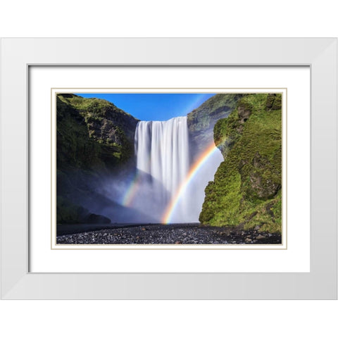 Iceland, Skogafoss Waterfall and rainbow White Modern Wood Framed Art Print with Double Matting by Kirkland, Dennis