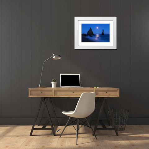 Iceland, Reynisdrangur Moon reflection on ocean White Modern Wood Framed Art Print with Double Matting by Kirkland, Dennis