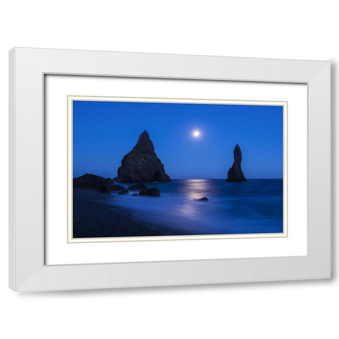 Iceland, Reynisdrangur Moon reflection on ocean White Modern Wood Framed Art Print with Double Matting by Kirkland, Dennis