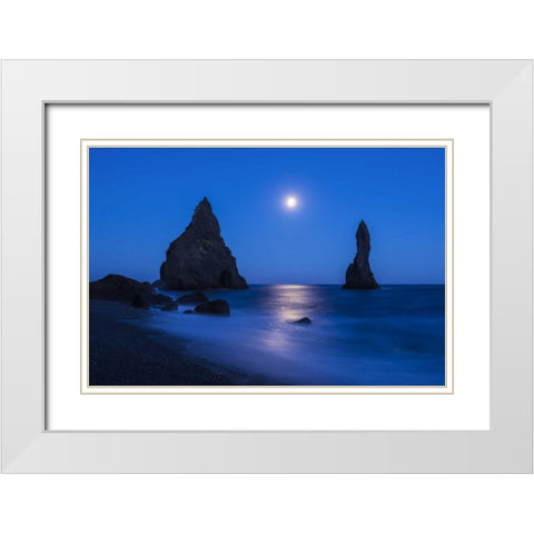 Iceland, Reynisdrangur Moon reflection on ocean White Modern Wood Framed Art Print with Double Matting by Kirkland, Dennis