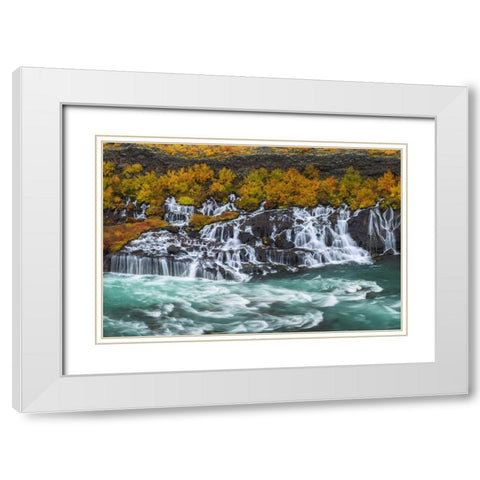 Iceland, Hraunfossar Autumn waterfalls White Modern Wood Framed Art Print with Double Matting by Kirkland, Dennis