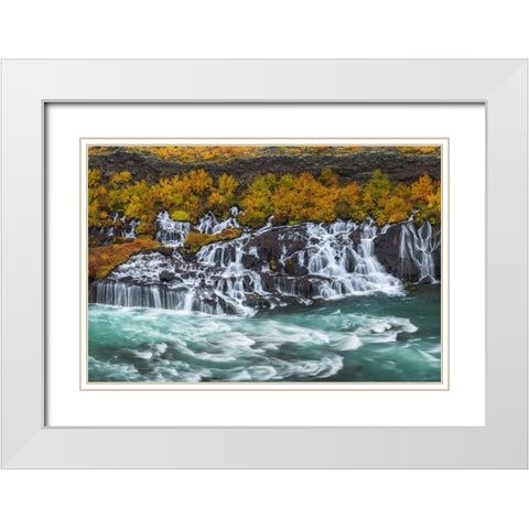 Iceland, Hraunfossar Autumn waterfalls White Modern Wood Framed Art Print with Double Matting by Kirkland, Dennis
