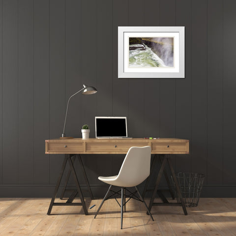 Iceland, Misty Gulfoss Waterfall and river White Modern Wood Framed Art Print with Double Matting by Kirkland, Dennis